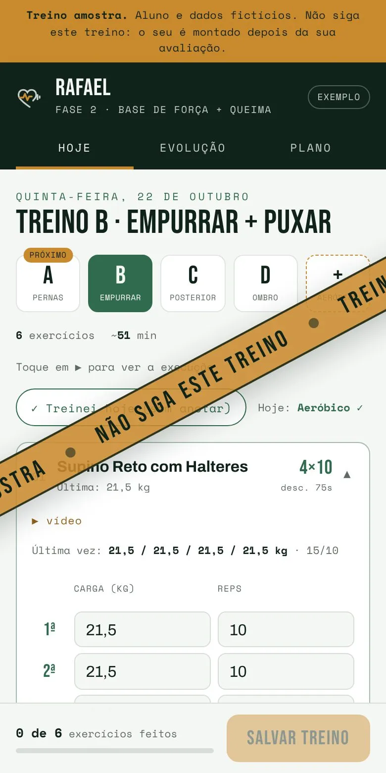 Prévia do app de treino amostra no celular, com a faixa Treino Amostra