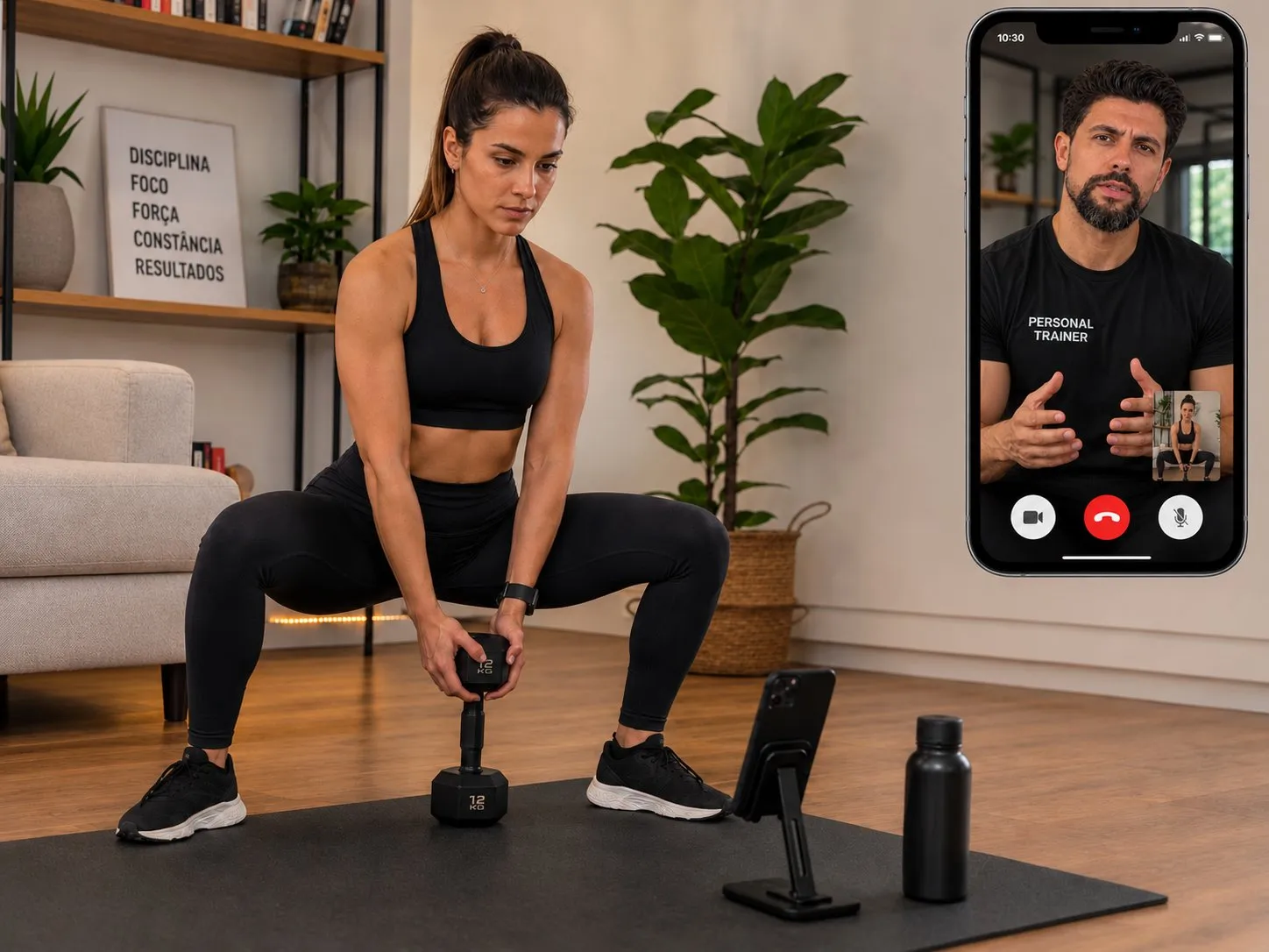 Aluna treinando em casa com personal trainer online ao vivo por videochamada